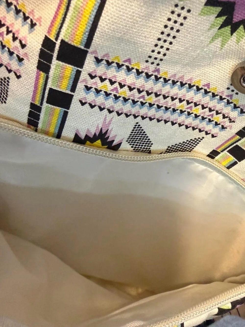 Patterned Canvas Backpack with Brown Trim - Cream Multicolor